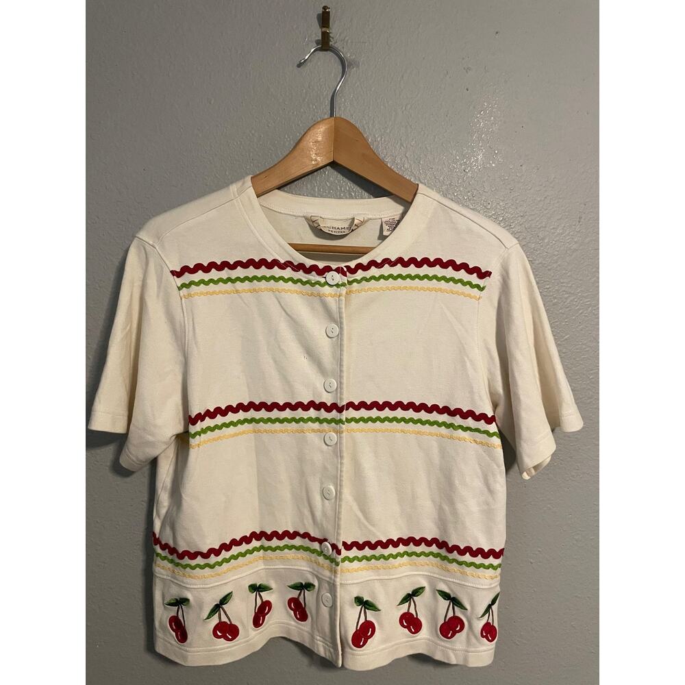 Bechamel Button Up Top Womens Petite Medium White Cherry Embroidered 90s READ
